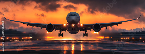 A plane is taking off from the airport runway at sunset
