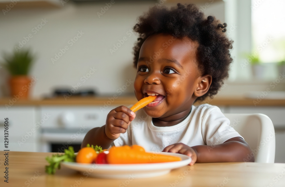 Black happy child eats carrot. African-American boy eats vegetables while sitting in a chair in the kitchen. Organic healthy food on a plate. Black happy child eats carrot. African-American boy eats vegetables while sitting in a chair in the kitchen. Organic healthy food on a plate.