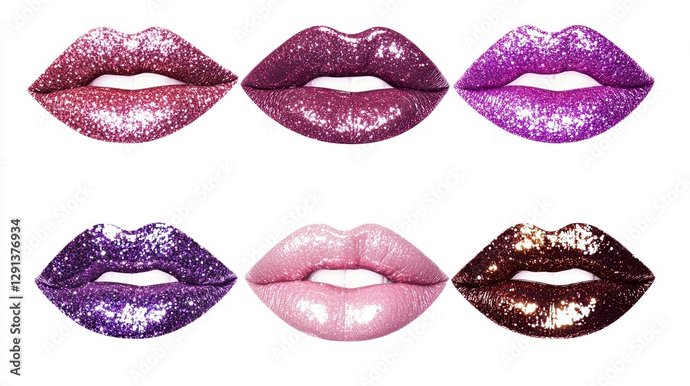Obraz premium Set of glossy glitter lips in deep pink and purple shades, glamorous fashion makeup collection with shimmering effect