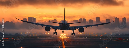 A plane is taking off from the airport runway at sunset
