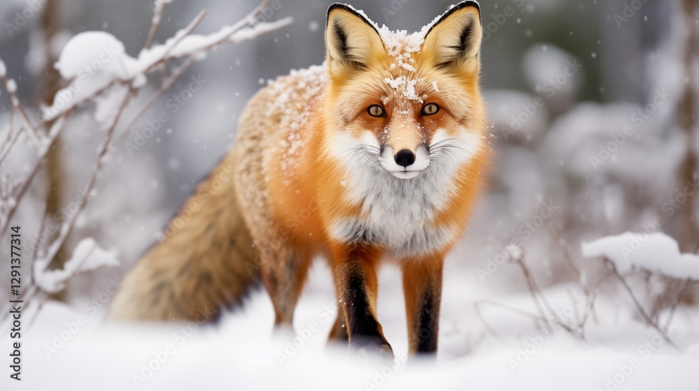 A stunning red fox in its thick orange fur coat, gracefully walking across a snow-covered forest meadow, snowflakes gently falling around it A stunning red fox in its thick orange fur coat, gracefully walking across a snow-covered forest meadow, snowflakes gently falling around it