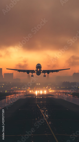 A plane is taking off from the airport runway at sunset

