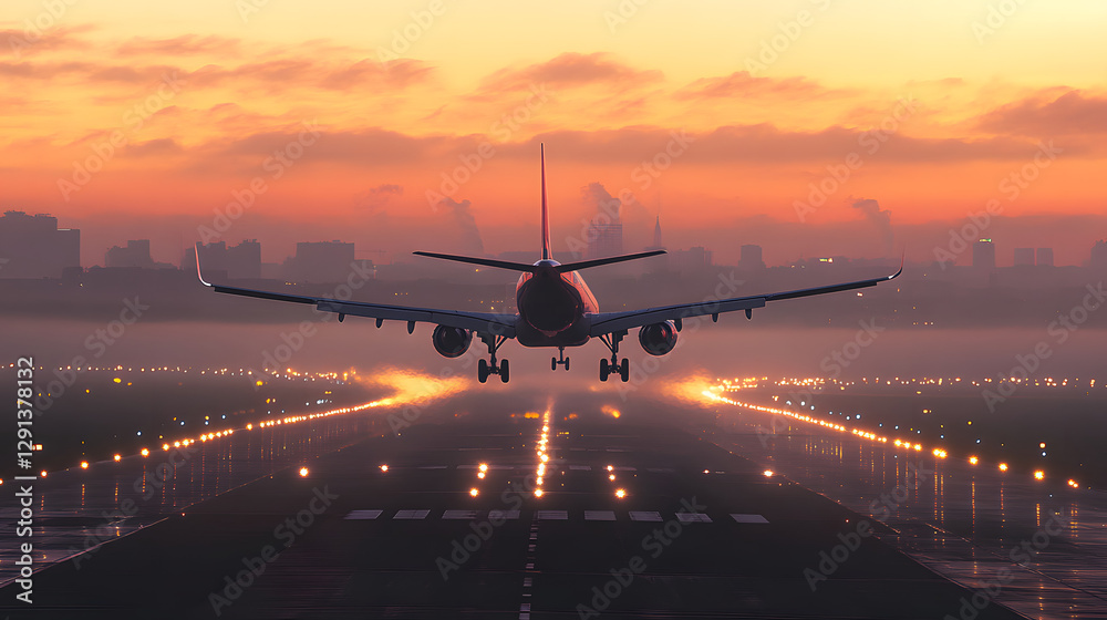 A plane is taking off from the airport runway at sunset
