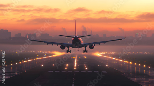 A plane is taking off from the airport runway at sunset
