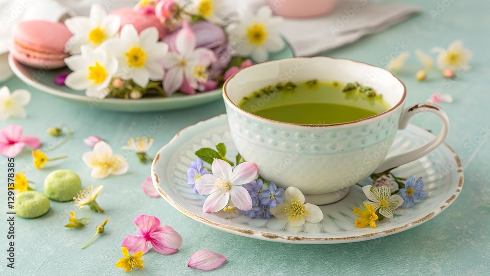 Spring floral tea served elegantly in a delicate cup with an arrangement of edible flowers and colored macarons on a soft pastel table Spring floral tea served elegantly in a delicate cup with an arrangement of edible flowers and colored macarons on a soft pastel table