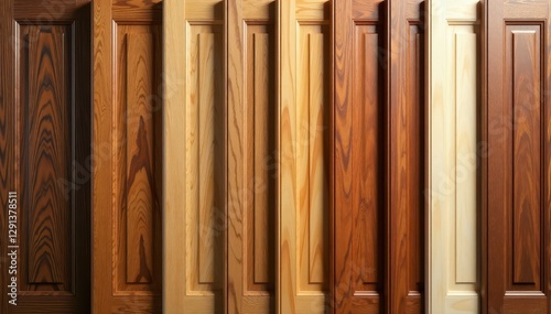 Variety of wood cabinet door samples displayed in a row , texture, door sample