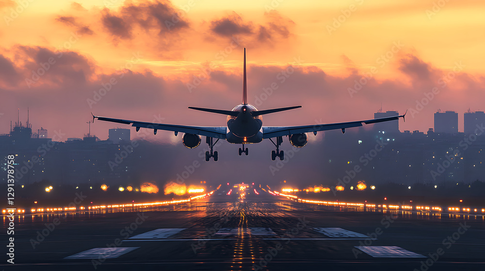 A plane is taking off from the airport runway at sunset
A plane is taking off from the airport runway at sunset