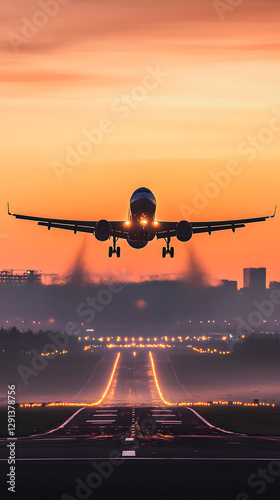 A plane is taking off from the airport runway at sunset
