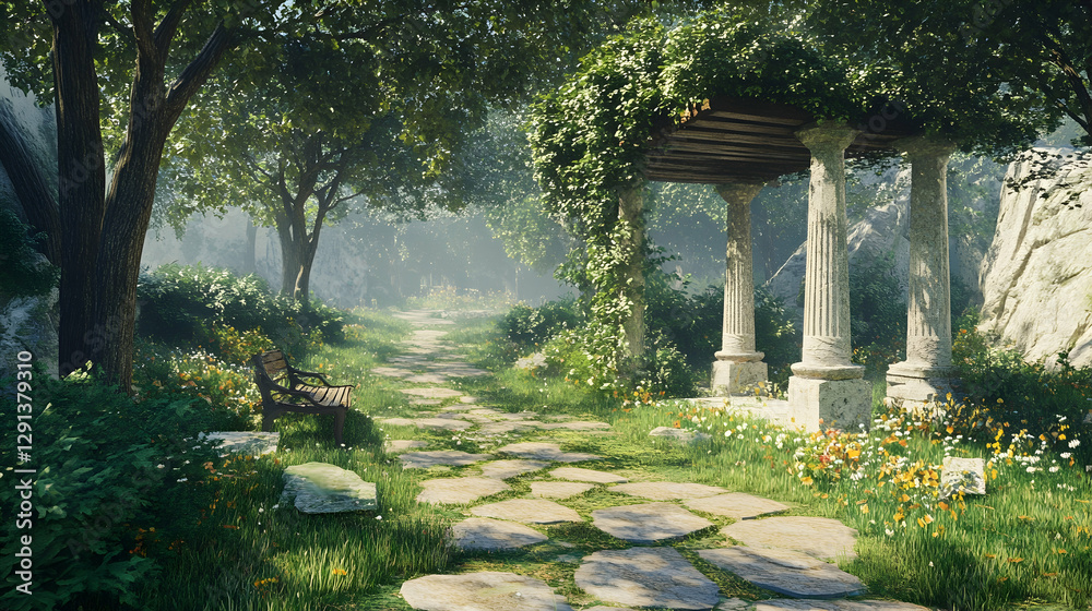 Fantasy woodland environments with architectural elements Fantasy woodland environments with architectural elements