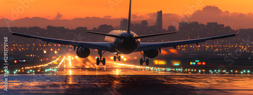 A plane is taking off from the airport runway at sunset
