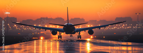 A plane is taking off from the airport runway at sunset
