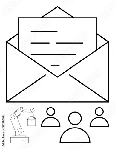 Open envelope holding a letter, robotic arm illustrating automation, and three user icons symbolizing collaboration. Ideal for email, teamwork, data sharing, innovation, automation, business