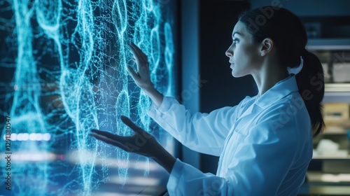 Scientist Analyzing Stem Cell Structures on AI-Powered Holographic Screen in Futuristic Biotechnology Breakthroughs