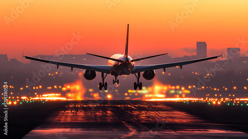 A plane is taking off from the airport runway at sunset

