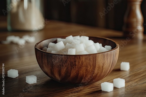 Wooden bowl of sugar cubes on table photo