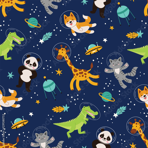 Kids space pattern.Animals in space.Seamless pattern,Flat vector illustration in cartoon style