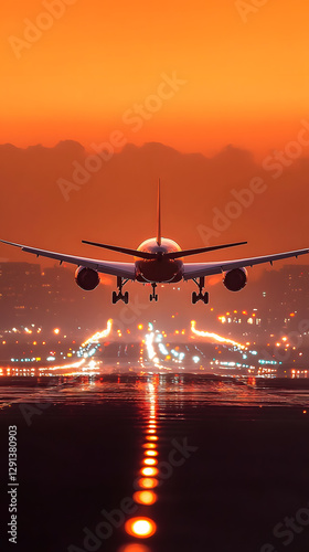 A plane is taking off from the airport runway at sunset
