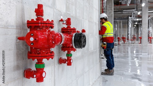 Technician inspecting fire sprinkler system in building