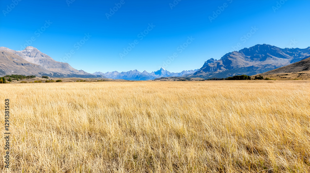 Golden autumn meadow, mountain backdrop, clear sky, scenic landscape, travel photo Golden autumn meadow, mountain backdrop, clear sky, scenic landscape, travel photo