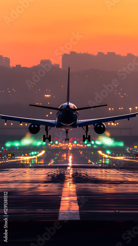 A plane is taking off from the airport runway at sunset

