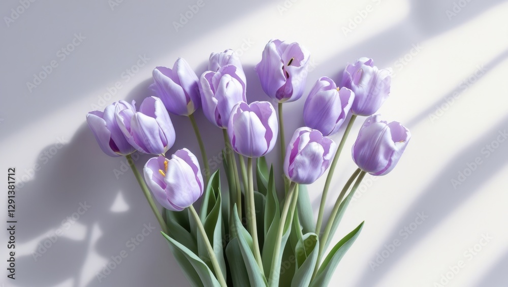Fototapeta premium Delicate Cluster of Lavender Tulips in Soft Light on Neutral Background with Green Stems and Petal Detail