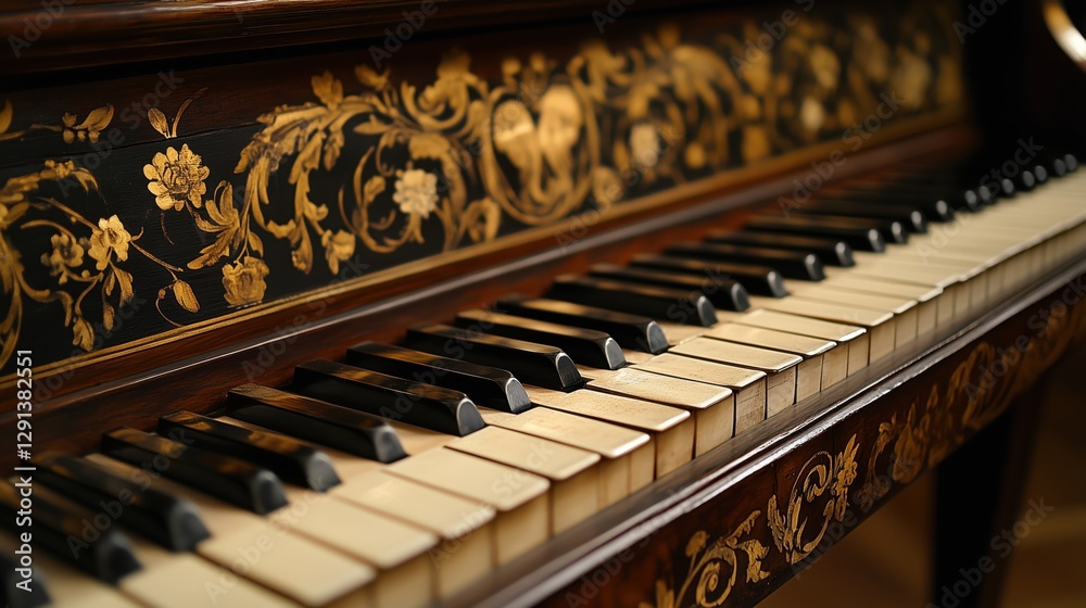 The antique grand piano gleams with intricate golden embellishments, its aged keys whispering stories of timeless melodies. The antique grand piano gleams with intricate golden embellishments, its aged keys whispering stories of timeless melodies.