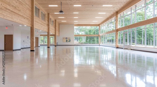 Modern, Empty Interior with Large Windows, Looking Out to Trees. Possible use Stock photo for architecture, interior design, or construction companies photo
