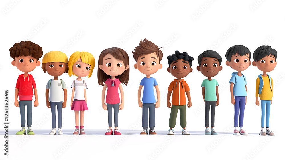 3D animation style, a diverse line of cartoon children, ages ranging from toddlers to late teens, facing the viewer, pure white backdrop, expressive eyes, happy expressions, detailed clothing, 3D animation style, a diverse line of cartoon children, ages ranging from toddlers to late teens, facing the viewer, pure white backdrop, expressive eyes, happy expressions, detailed clothing,
