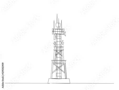 Continuous one line drawing of satellite tower communication. Communication tower with antena and satellite disc in single line draw illustration. Editable stroke.