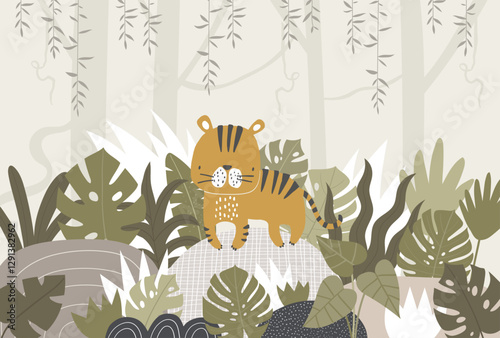 Vector illustration cute tiger, tropical leaves, jungle. Tropical wallpaper for children's room. Kids room design, wall decor. Mural. Wall art. African. Safari.