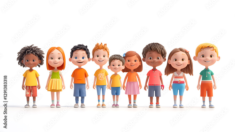 3D render, a group of cartoon children, varying in age (toddlers to teens), standing in a straight line facing the viewer, against a stark white backdrop, detailed features, colorful attire, 3D render, a group of cartoon children, varying in age (toddlers to teens), standing in a straight line facing the viewer, against a stark white backdrop, detailed features, colorful attire,