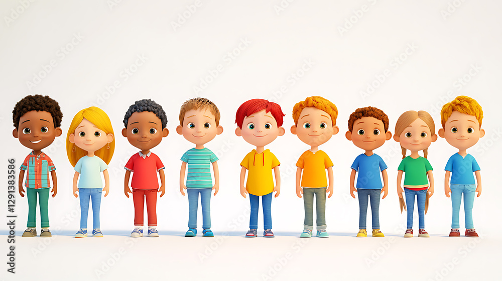 3D rendered cartoon children, various ages (toddlers to teenagers), neatly aligned in a row, facing the camera, plain white background, detailed clothing, expressive eyes, soft lighting, bright 3D rendered cartoon children, various ages (toddlers to teenagers), neatly aligned in a row, facing the camera, plain white background, detailed clothing, expressive eyes, soft lighting, bright