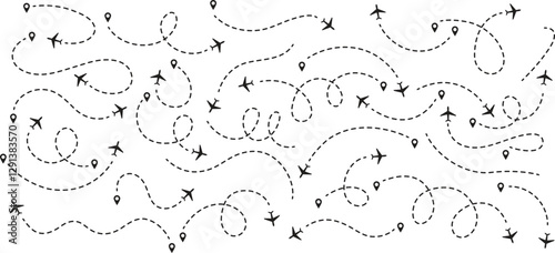 Airplane line path icon of air plane flight route dash line trace with start point. Simple airplane travel line path with map pins. Airplane dashed route path.