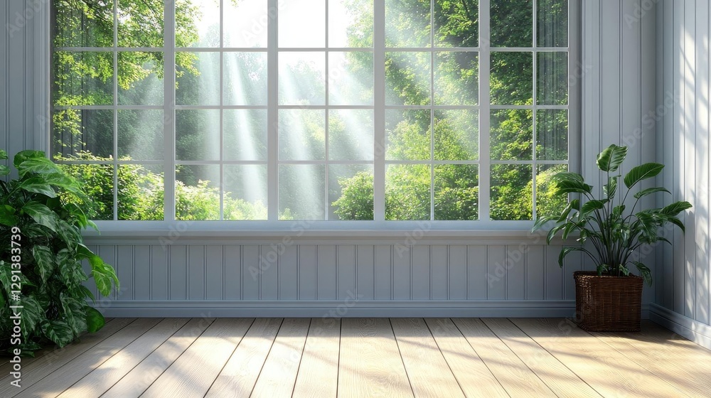 Fototapeta premium Sunlight Streams Through Window, Illuminating Room's Wooden Floor and Plants