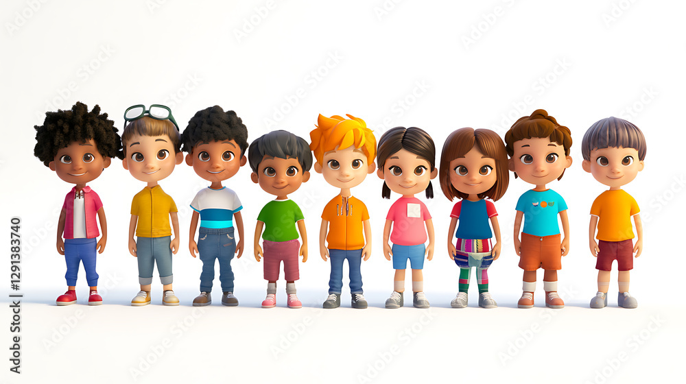 3D rendering of a diverse group of cartoon children, different ages (toddlers to late teens), standing in a line, looking at the camera, spotless white background, sharp focus, rich details, 3D rendering of a diverse group of cartoon children, different ages (toddlers to late teens), standing in a line, looking at the camera, spotless white background, sharp focus, rich details,