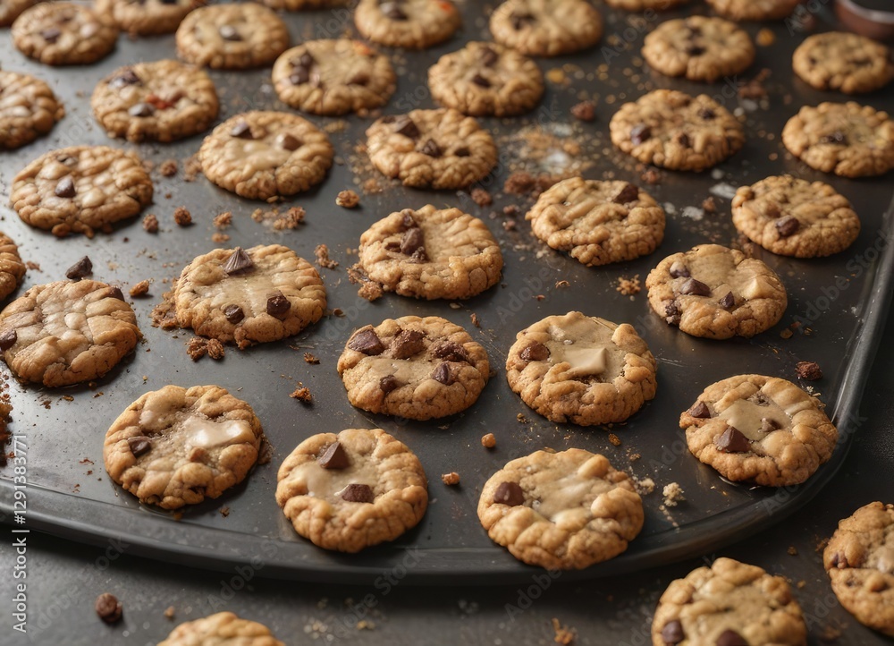 Crumbs and shredded wrappers scattered around a baking sheet with cookies fresh out of the oven, cookie crunch, delicious leftovers, baking chaos Crumbs and shredded wrappers scattered around a baking sheet with cookies fresh out of the oven, cookie crunch, delicious leftovers, baking chaos