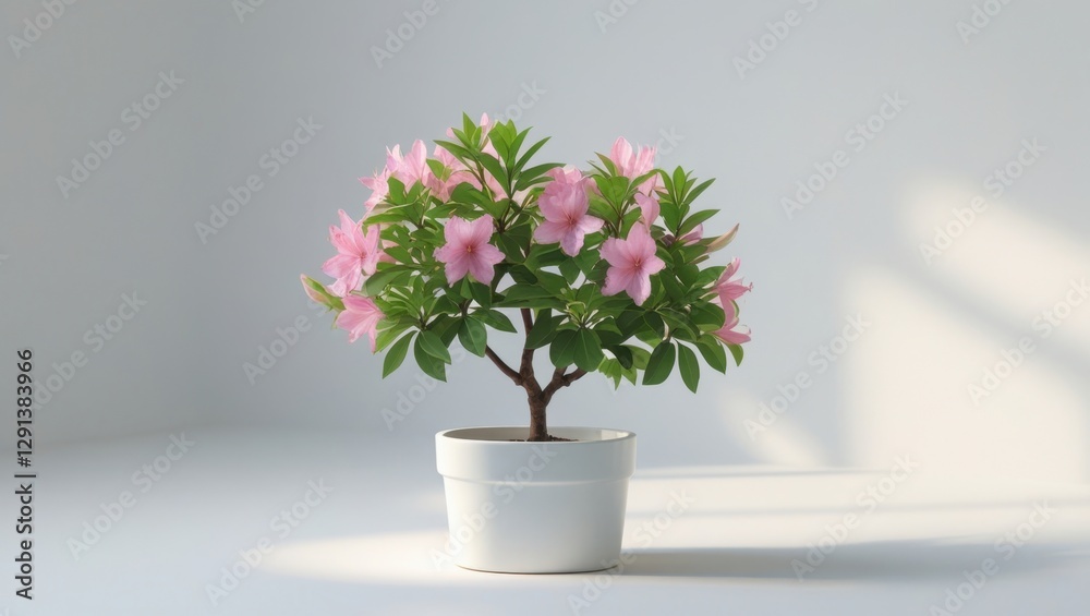Fototapeta premium Isolated Azalea Shrub with Delicate Pink Blossoms in White Pot Against a Clean Background with Soft Lighting and Minimalist Composition
