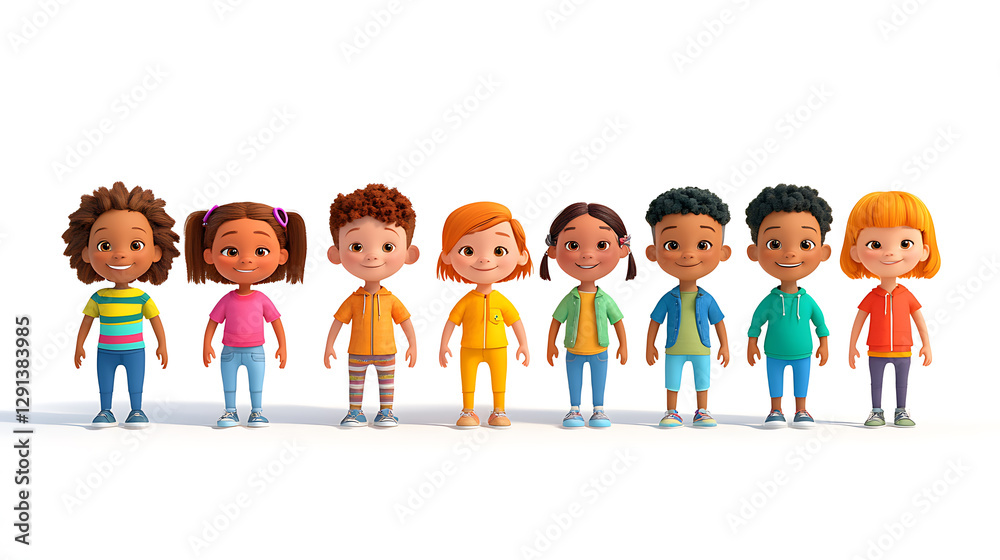 A diverse group of cartoon children, ages 2-18, standing neatly in a row, facing forward, on a plain white background, 3D render, expressive eyes, charming smiles, detailed clothes, bright, A diverse group of cartoon children, ages 2-18, standing neatly in a row, facing forward, on a plain white background, 3D render, expressive eyes, charming smiles, detailed clothes, bright,