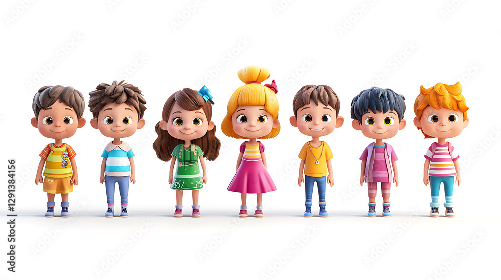 A group of 3D cartoon children (toddlers to teenagers) in a straight line, facing the camera, against a pure white background, playful expressions, unique outfits, bright and fun colors, detailed A group of 3D cartoon children (toddlers to teenagers) in a straight line, facing the camera, against a pure white background, playful expressions, unique outfits, bright and fun colors, detailed