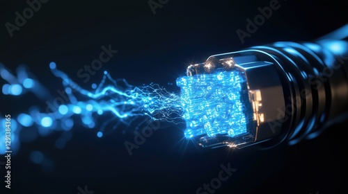 A crackling blue electric current pulses along the black cable, illuminating the darkness with raw energy.