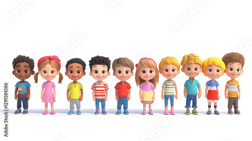 A group of cartoon children, ranging from toddlers to teenagers, lined up neatly, facing the camera, 3D animation style, isolated on white background, expressive eyes, individual personalities, 