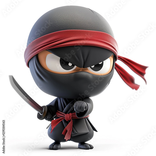 Ninja in black clothes, samurai with sword, cartoon mascot, 3D render illustration, thief, sneaky, fight. White background, copyspace, space for text.