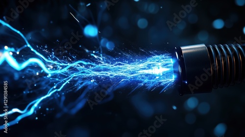 A crackling blue electric current pulses along the black cable, illuminating the darkness with raw energy.