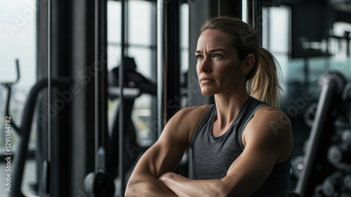 A businesswoman in her 40s at a gym wearing stylish activewear