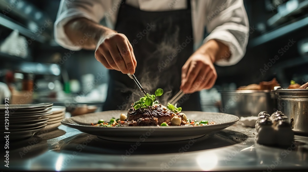 A chef preparing a luxurious meal in a restaurant kitchen, focusing on taste, texture, and presentation. A chef preparing a luxurious meal in a restaurant kitchen, focusing on taste, texture, and presentation.