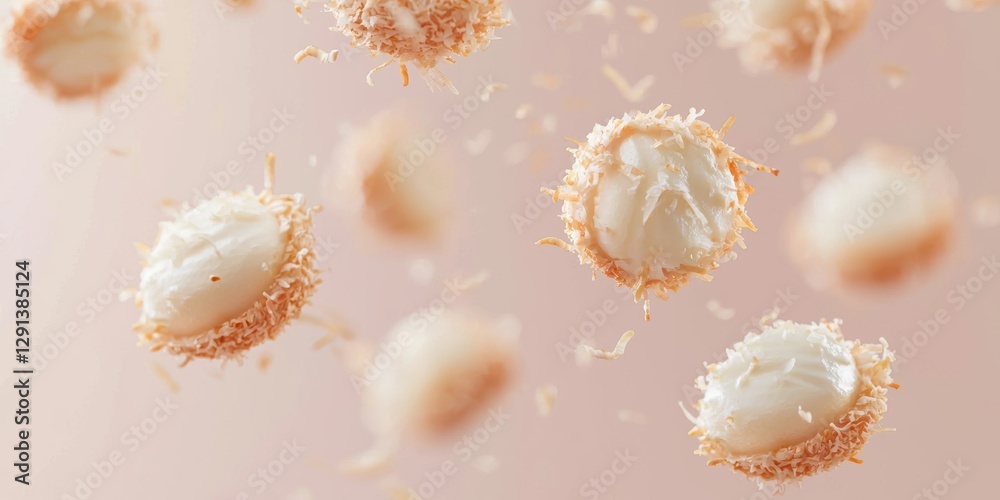 Floating coconut macaroons with toasted edges on a soft vanilla cream background 3D background minimalistic mockup with space for text