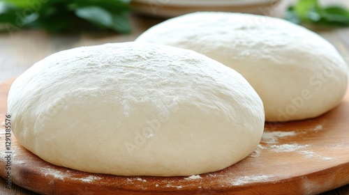Two pizza dough balls on wooden board, kitchen background. Food recipe website
