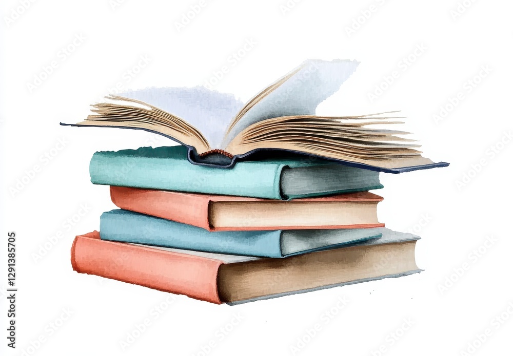 Colorful Stacked Books with Open Page on Top for Educational Concept Colorful Stacked Books with Open Page on Top for Educational Concept