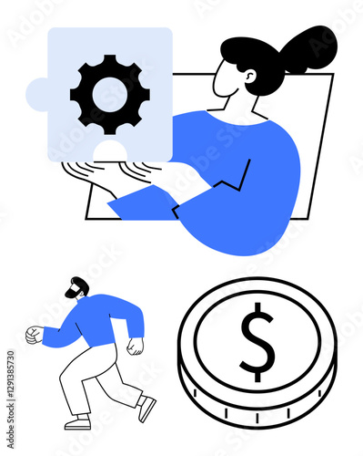 Woman with puzzle piece for solutions, man running for progress, coin for financial success. Ideal for problem-solving, teamwork, business strategy, career growth, innovation, goals abstract line