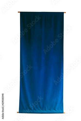 blue vertical fabric Japanese style flag with waving texture isoalate white background